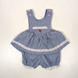 Vintage Bubble Outfit Baby Girls Size 3-6m Chambray Blue Flower Skirt Romper